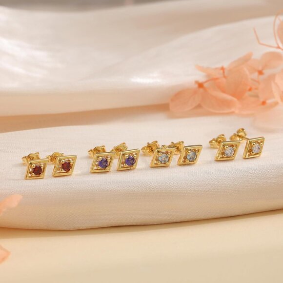 Elegant April Birthstone Gold Cubic Zirconia Stud Earrings with Unique Birthston - Picture 5 of 7